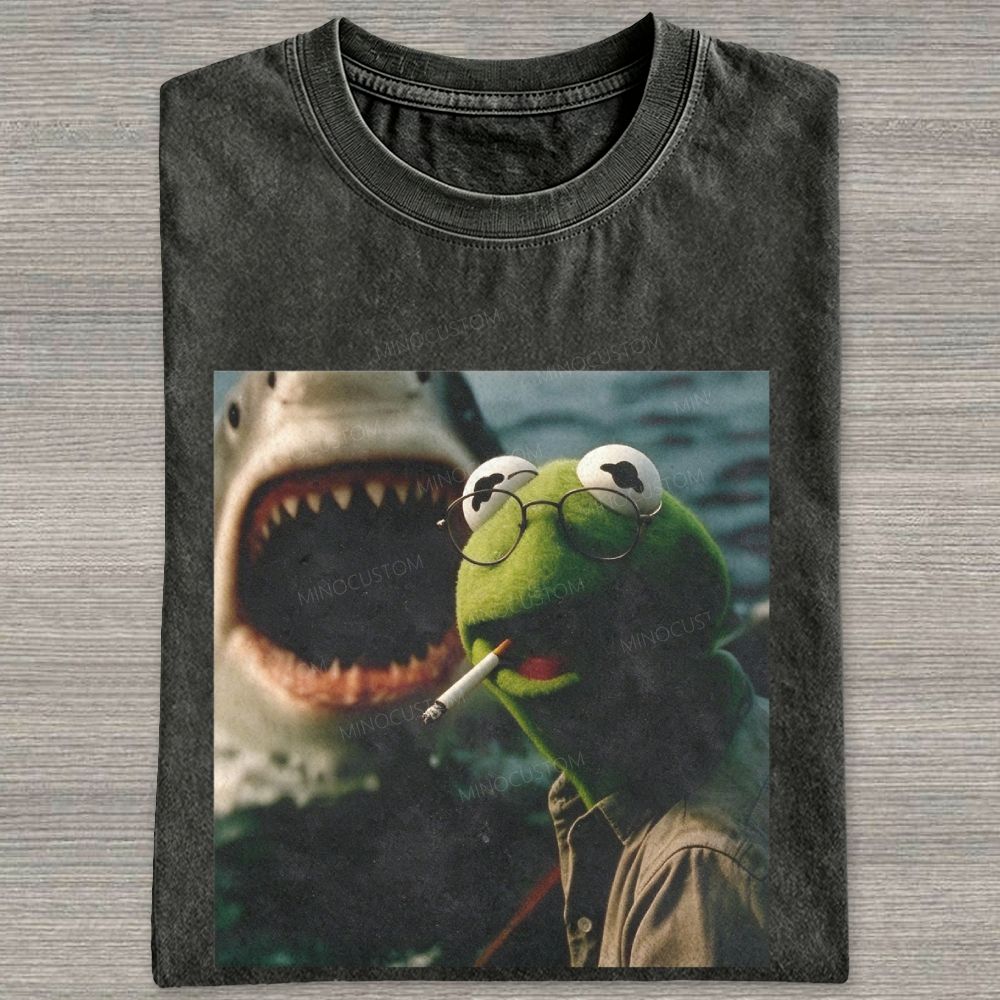 Funny Kermit Frog Shark Meme Vintage Washed T-shirt