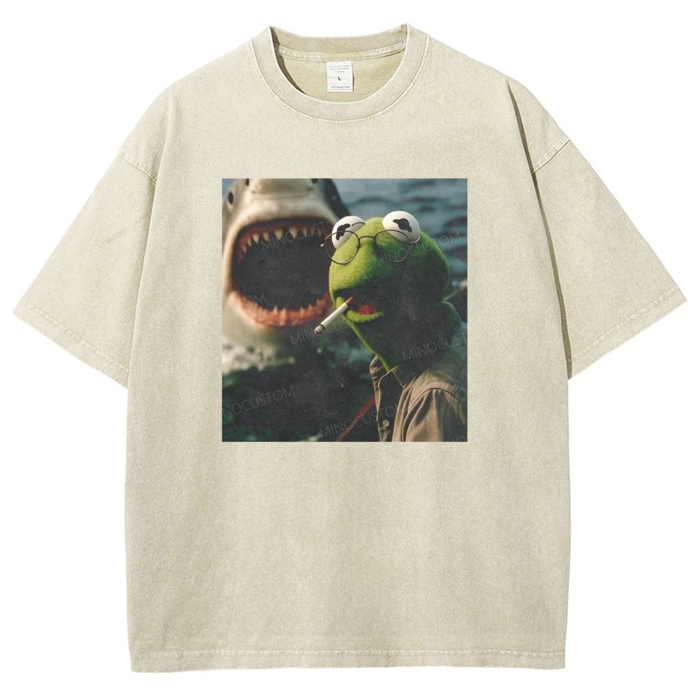 Funny Kermit Frog Shark Meme Vintage Washed T-shirt