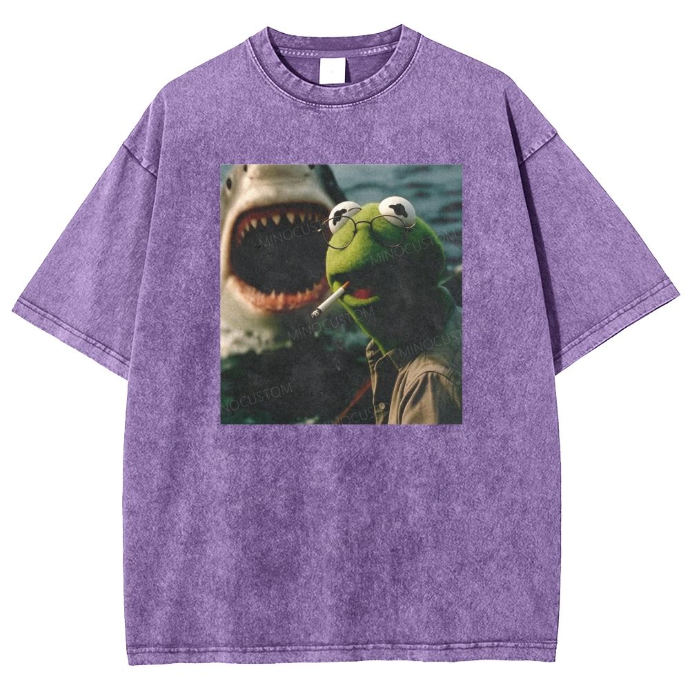 Funny Kermit Frog Shark Meme Vintage Washed T-shirt