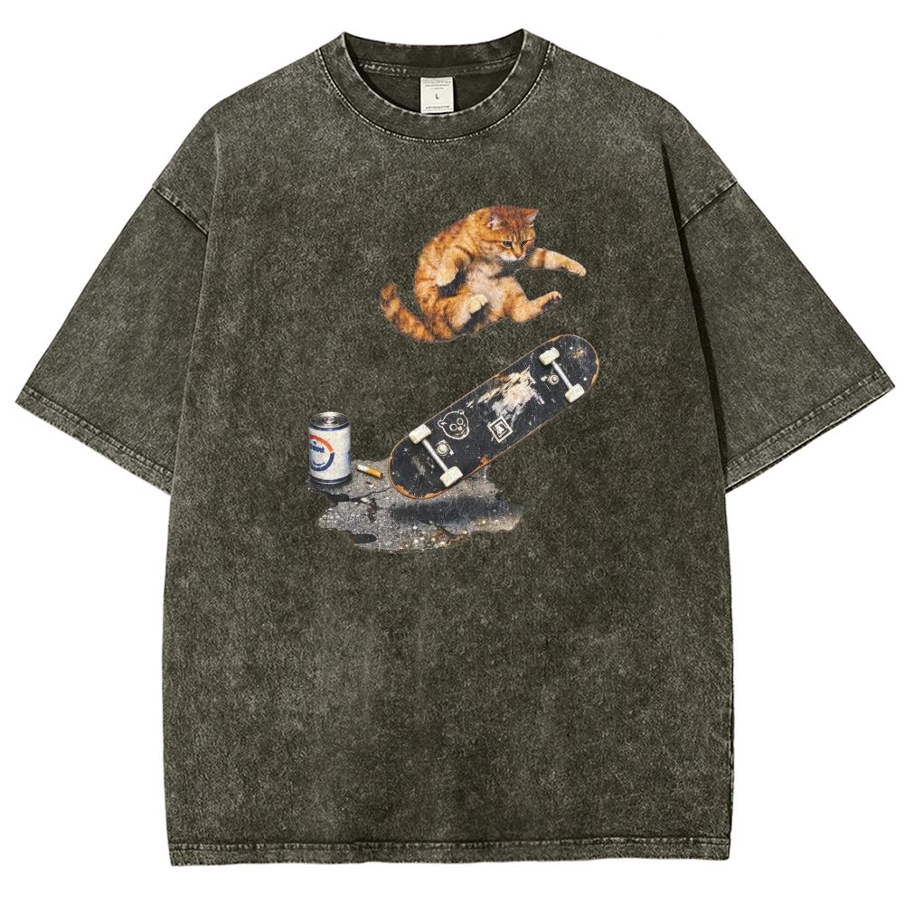 Skateboarding Orange Cat Retro Street Washed T-shirt