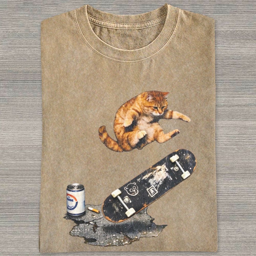 Skateboarding Orange Cat Retro Street Washed T-shirt