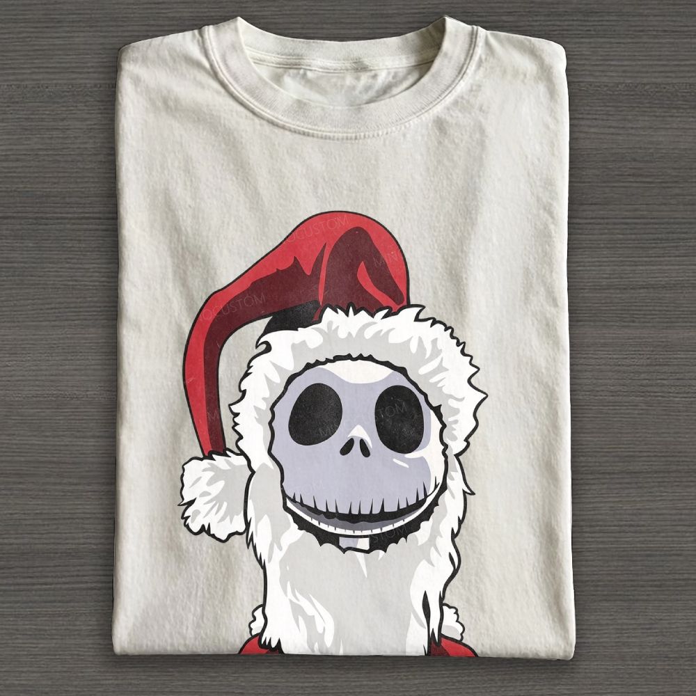 Spooky Skeleton Santa Hat Christmas Graphic Cotton T-shirt