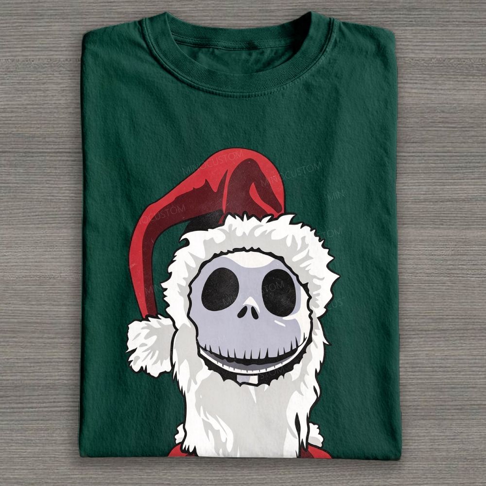 Spooky Skeleton Santa Hat Christmas Graphic Cotton T-shirt