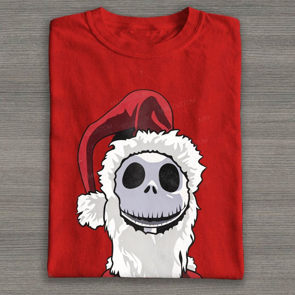 Spooky Skeleton Santa Hat Christmas Graphic Cotton T-shirt