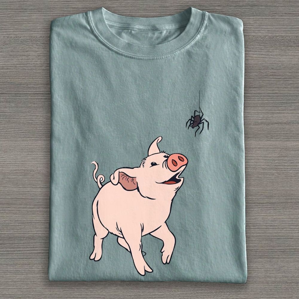 Cute Pig And Spider Farm Animal Graphic Cotton T-shirt