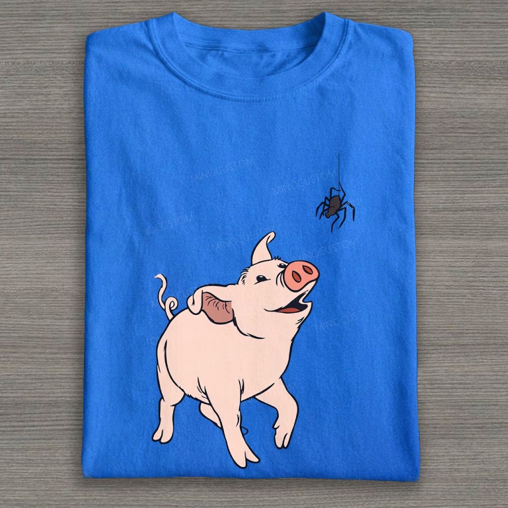 Cute Pig And Spider Farm Animal Graphic Cotton T-shirt