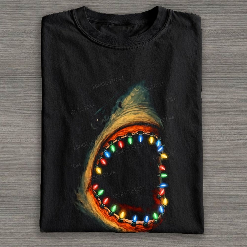 Shark Christmas Lights Graphic Cotton T-shirt