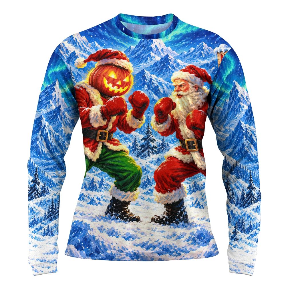 Pumpkin Santa Vs Santa Boxing Christmas Crew-Neck Long-Sleeve Shirt