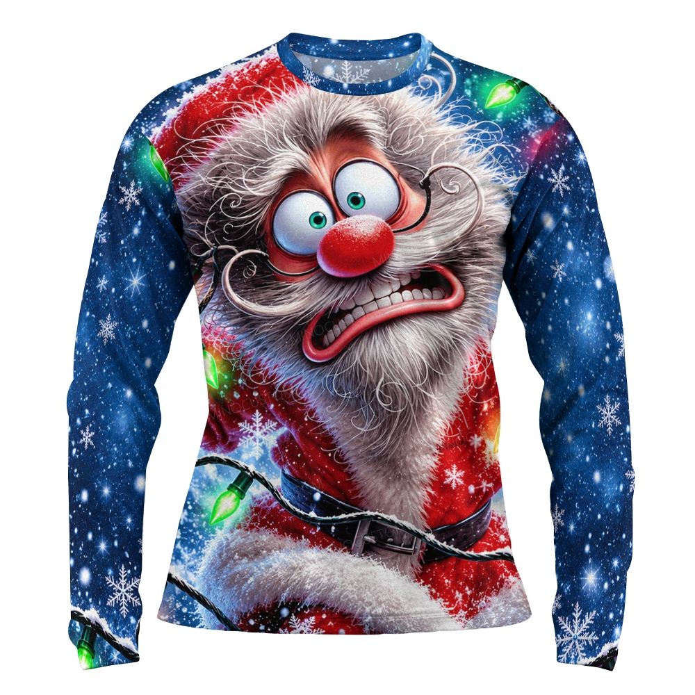 Funny Panicked Santa Claus Christmas Lights Crew-Neck Long-Sleeve Shirt