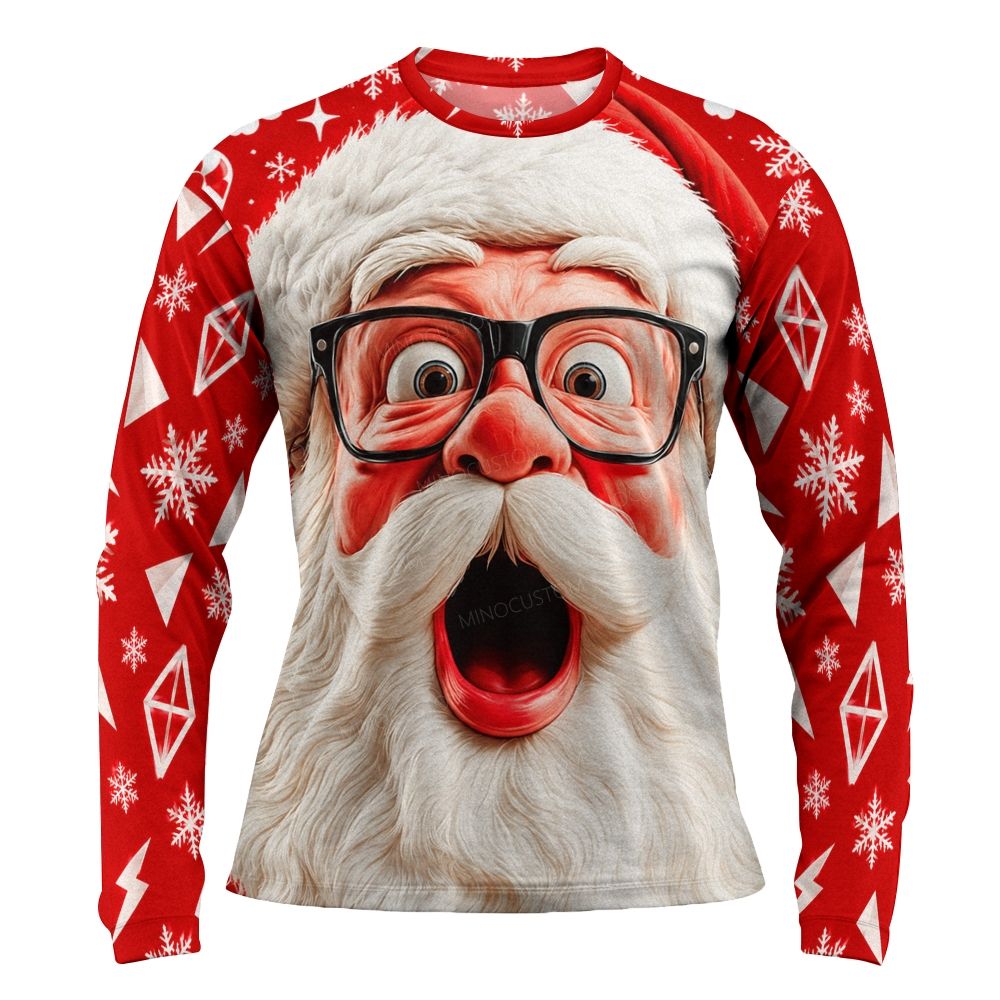 Surprised Santa Claus With Glasses Christmas Crew-Neck Long-Sleeve Shirt