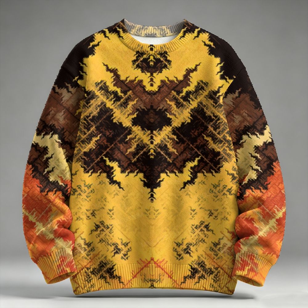 Vintage Abstract Symmetric Earth Tone Pattern Raglan Sweater