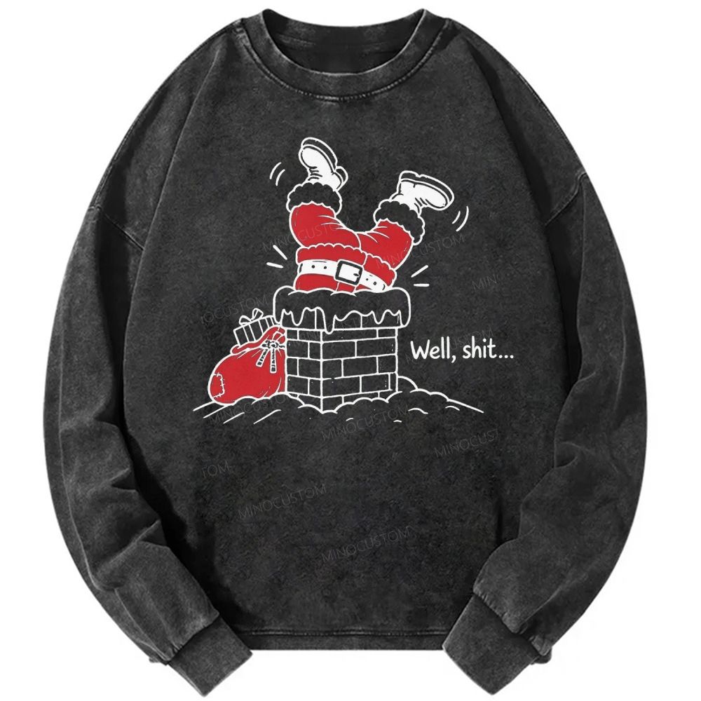 Humorous Santa Stuck In Chimney Retro Christmas Unisex Casual Washed Printed Long Sleeve T-shirt