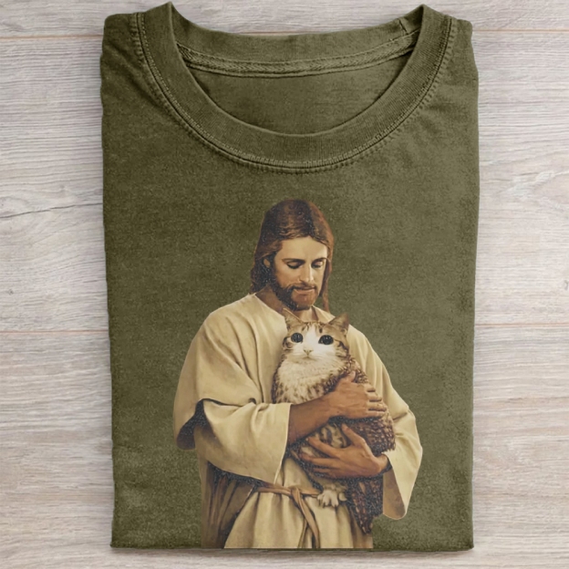Funny Jesus Holding Meowl T-shirt