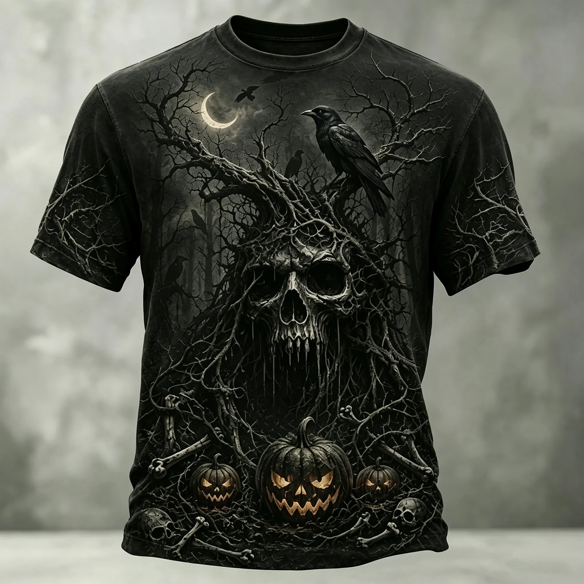Men's Retro Halloween Skull And Pumpkin Print Casual T-shirt