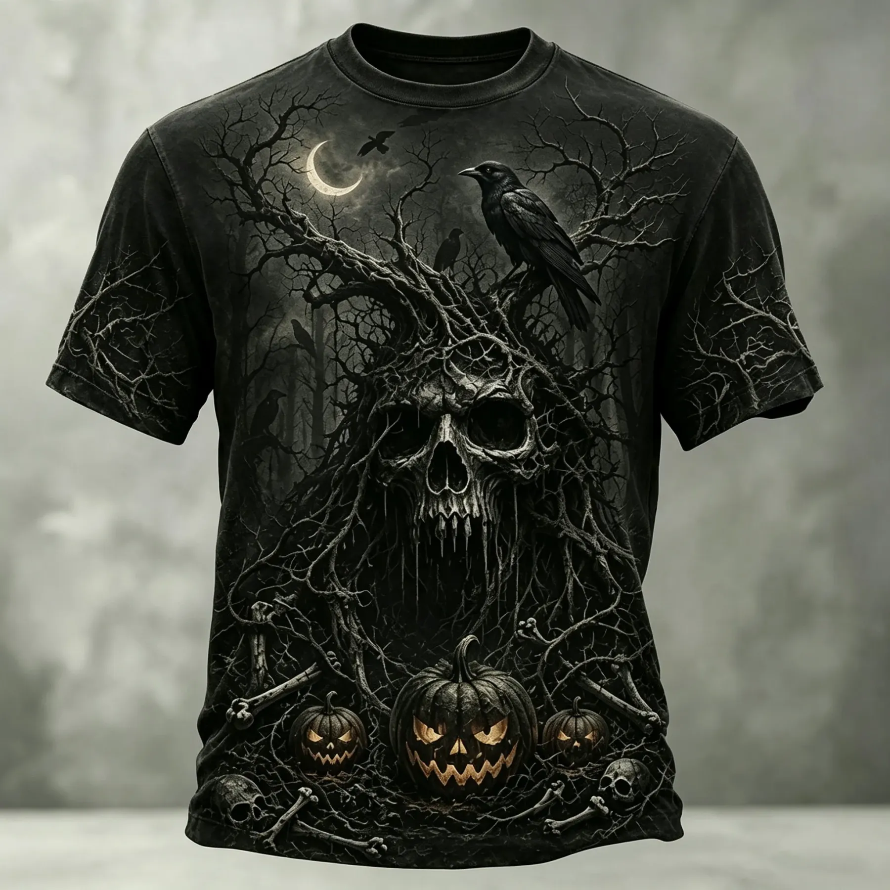Men's Retro Halloween Skull And Pumpkin Print Casual T-shirt