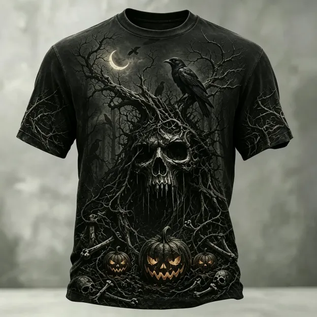 Men's Retro Halloween Skull And Pumpkin Print Casual T-shirt