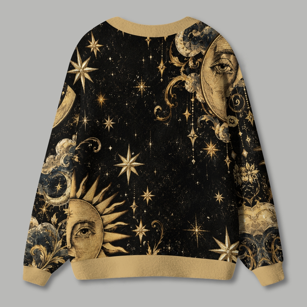 Vintage Celestial Sun Moon Star Art Ugly Cardigan Sweater