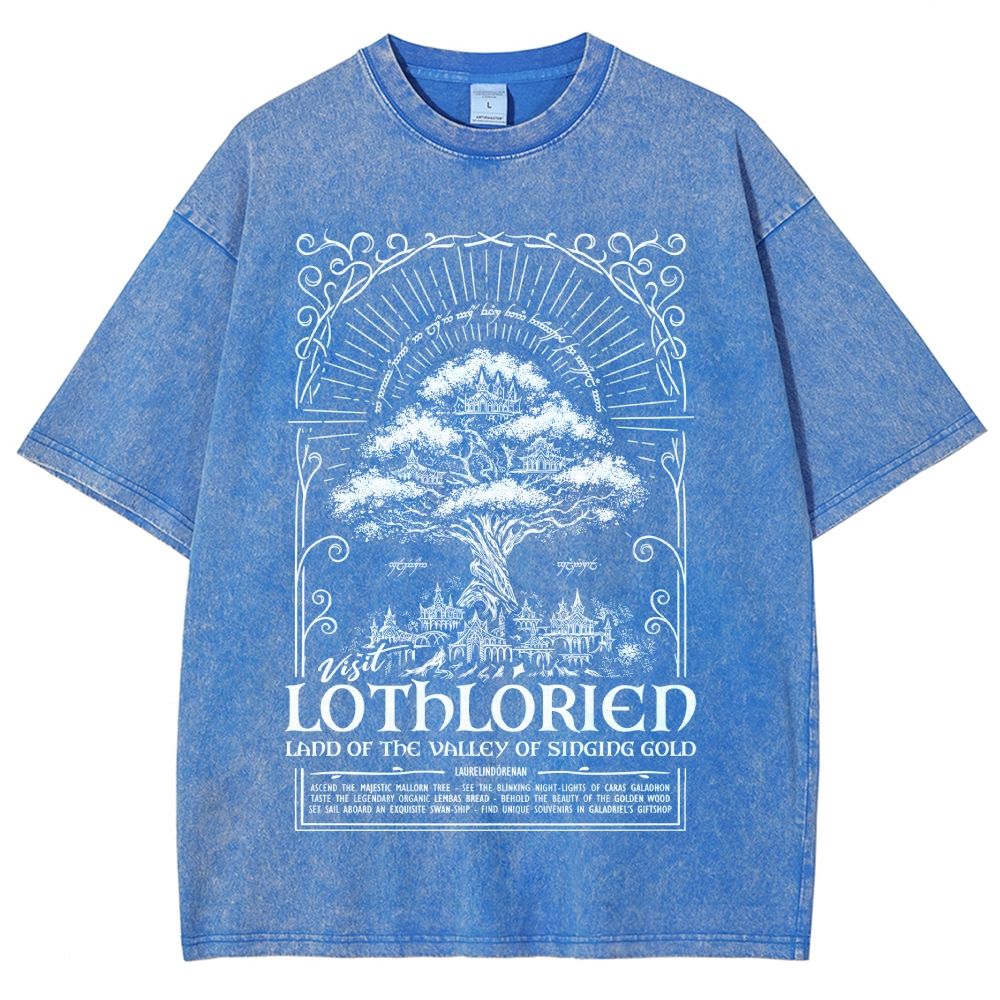 Fantasy Elven City Giant Tree Travel Poster Print Washed T - Shirt
