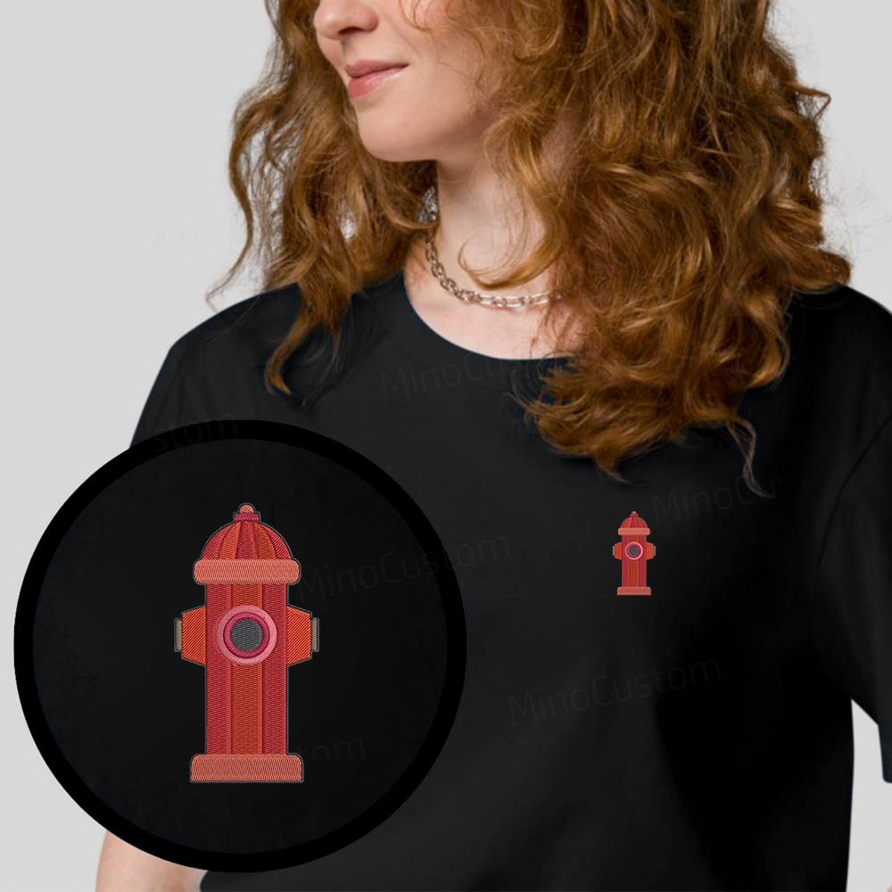Embroidered Red Fire Hydrant Organic Cotton T-Shirt Unisex Minimal Design