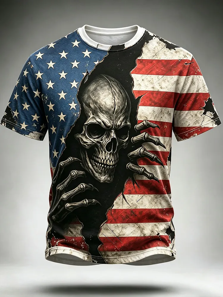 Men's Halloween Skull And American Flag Art 3d Print Casual T-shirt