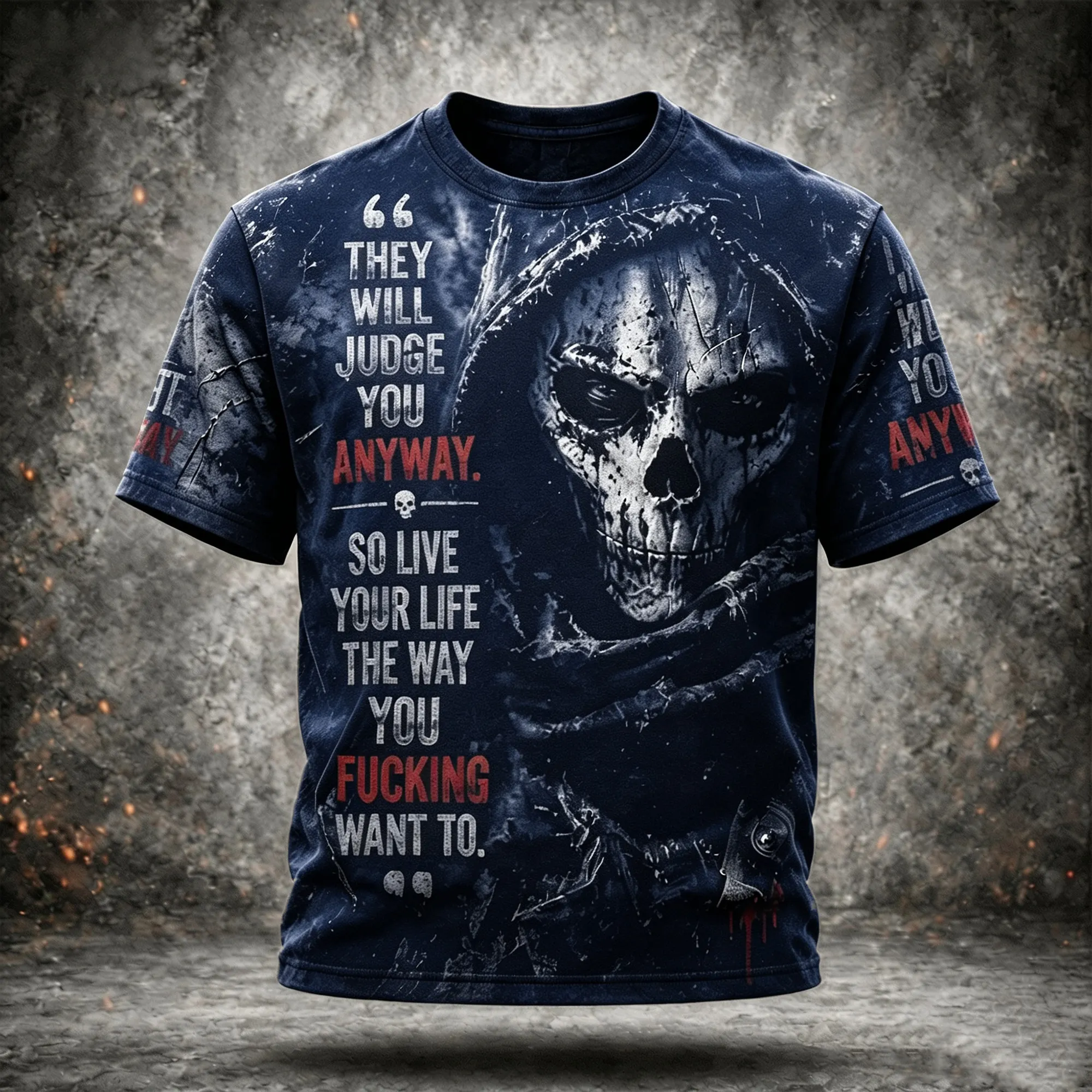 Men's Vintage Distressed Street Style Death Skull Pattern Inspirational Quotes Casual Short-sleeve T-shirt