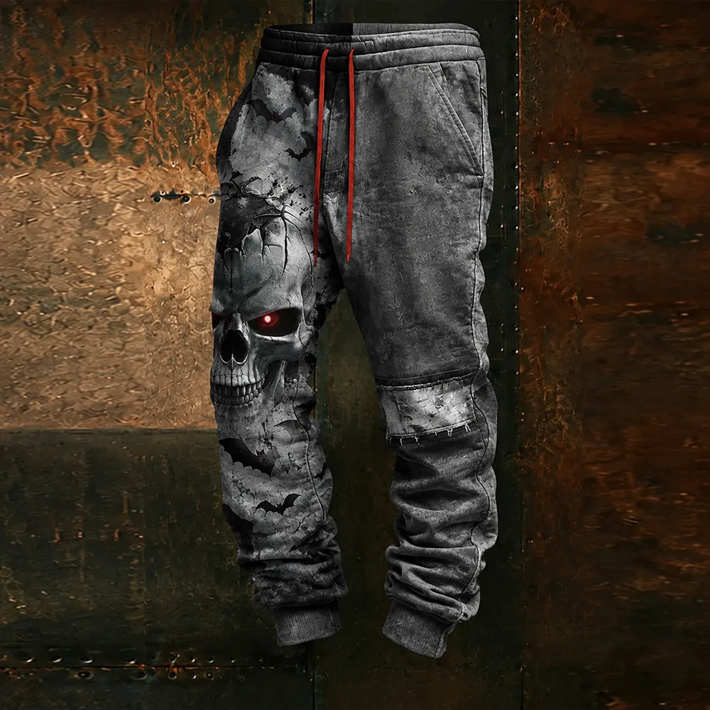 Halloween Skull Art Color-blocking Distressed Casual Sweatpants