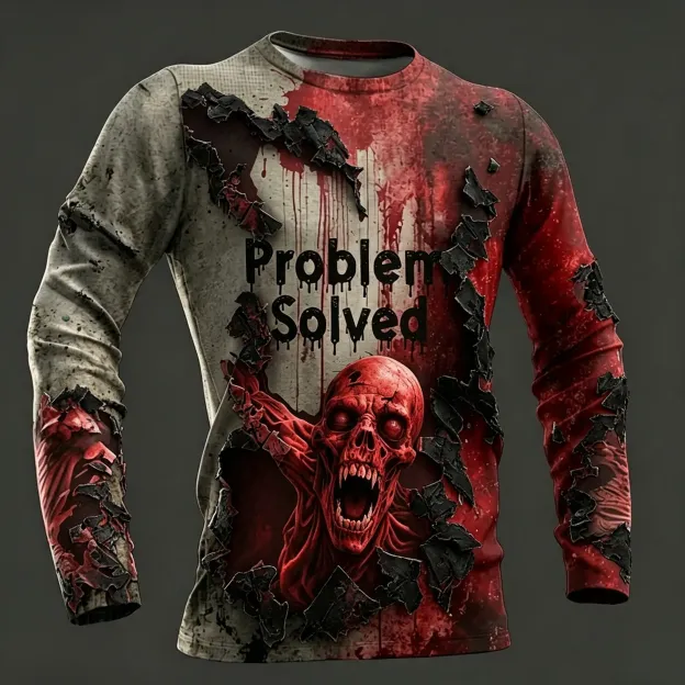 Men's Classic Zombie Breakthrough 3d Problem Solved Horror Art Long Sleeves T-shirt