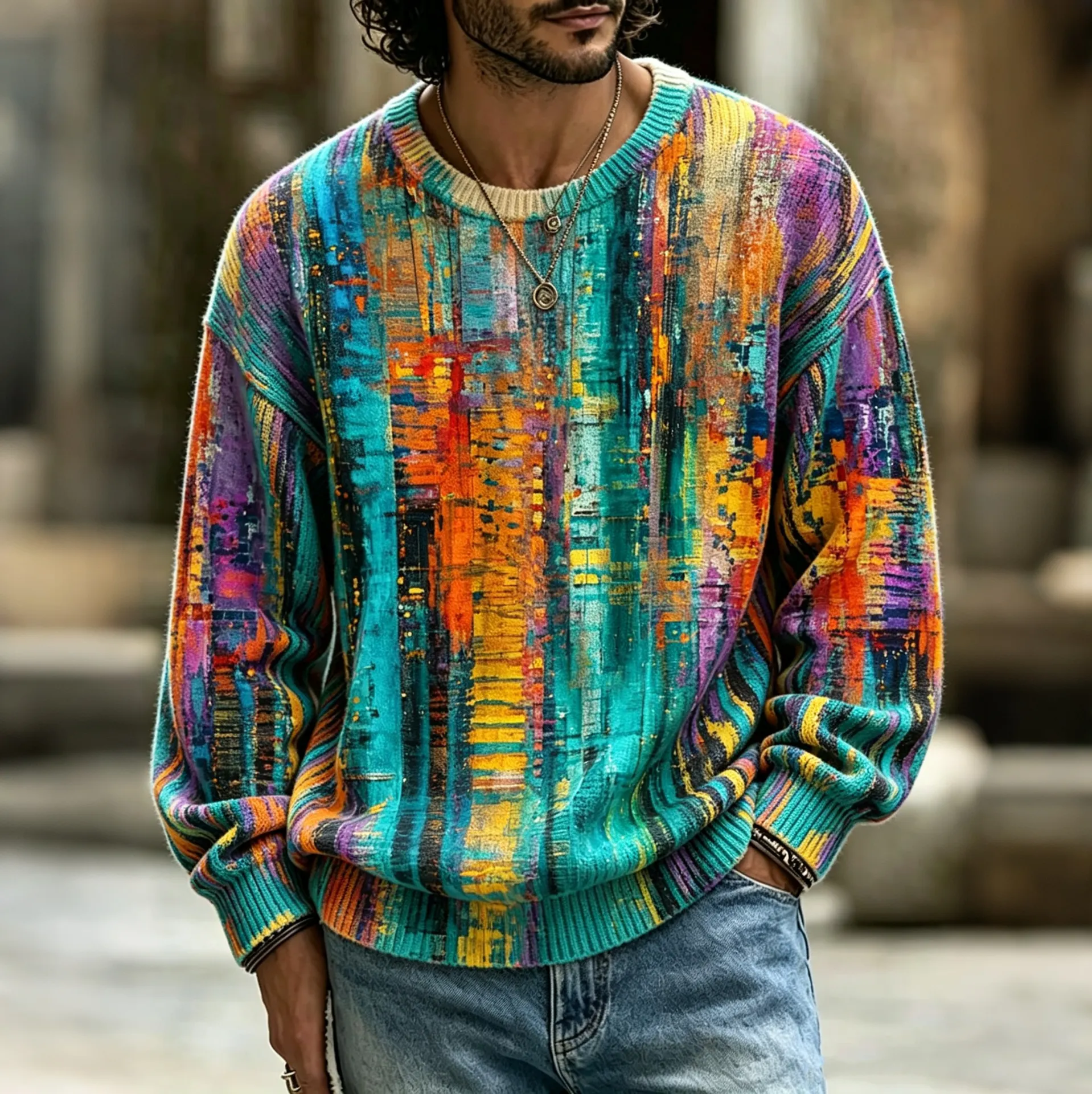 Men's Retro Abstract Geometric Print Long-sleeve Crew Neck Sweater