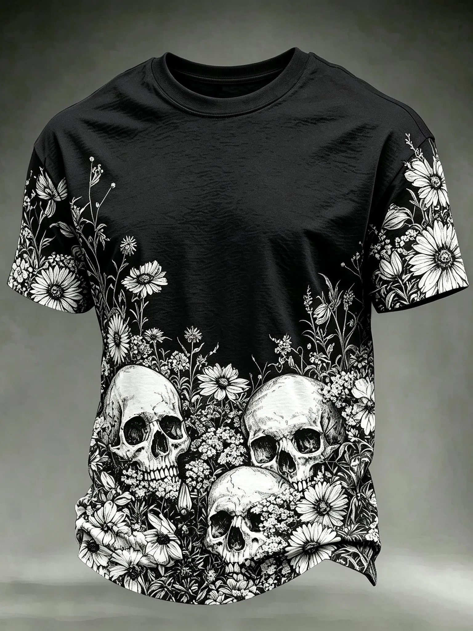 Men's Halloween-themed Skull And Floral Print T-shirt