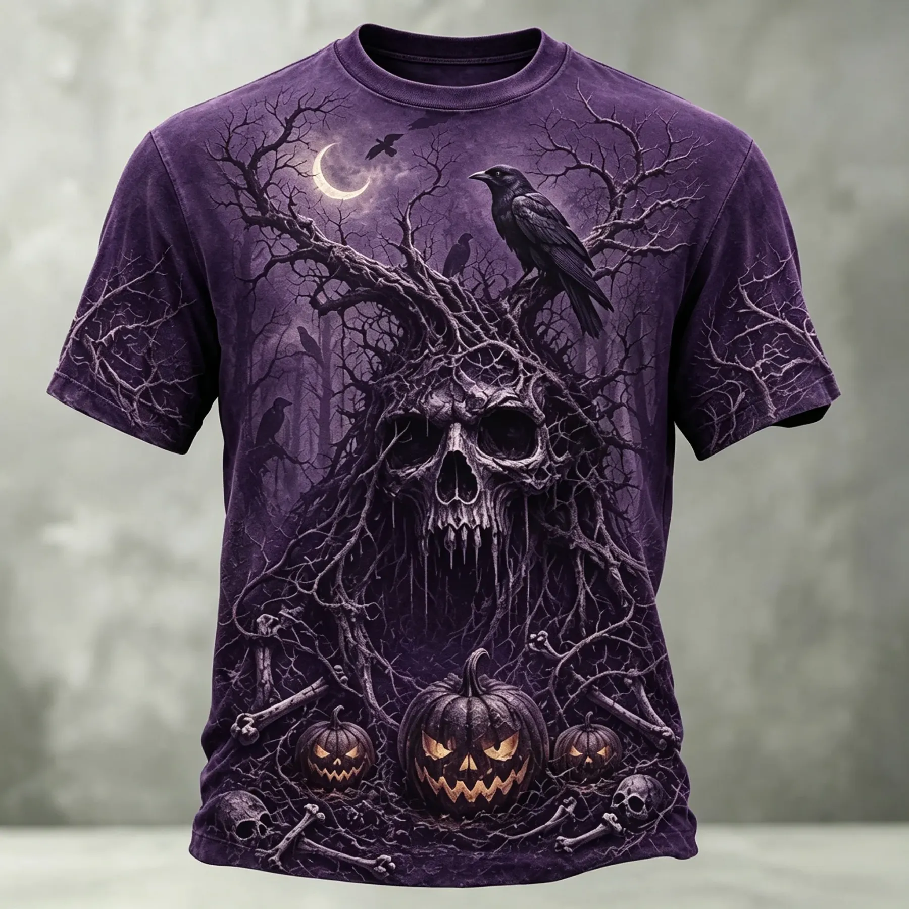Men's Retro Halloween Skull And Pumpkin Print Casual T-shirt