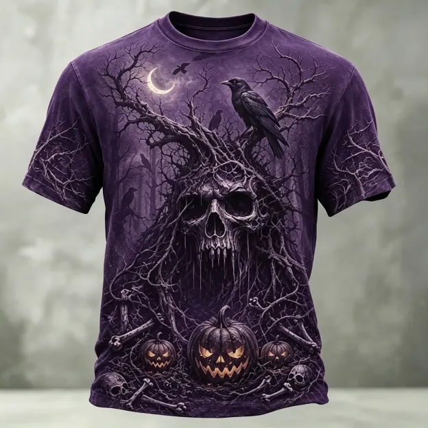 Men's Retro Halloween Skull And Pumpkin Print Casual T-shirt