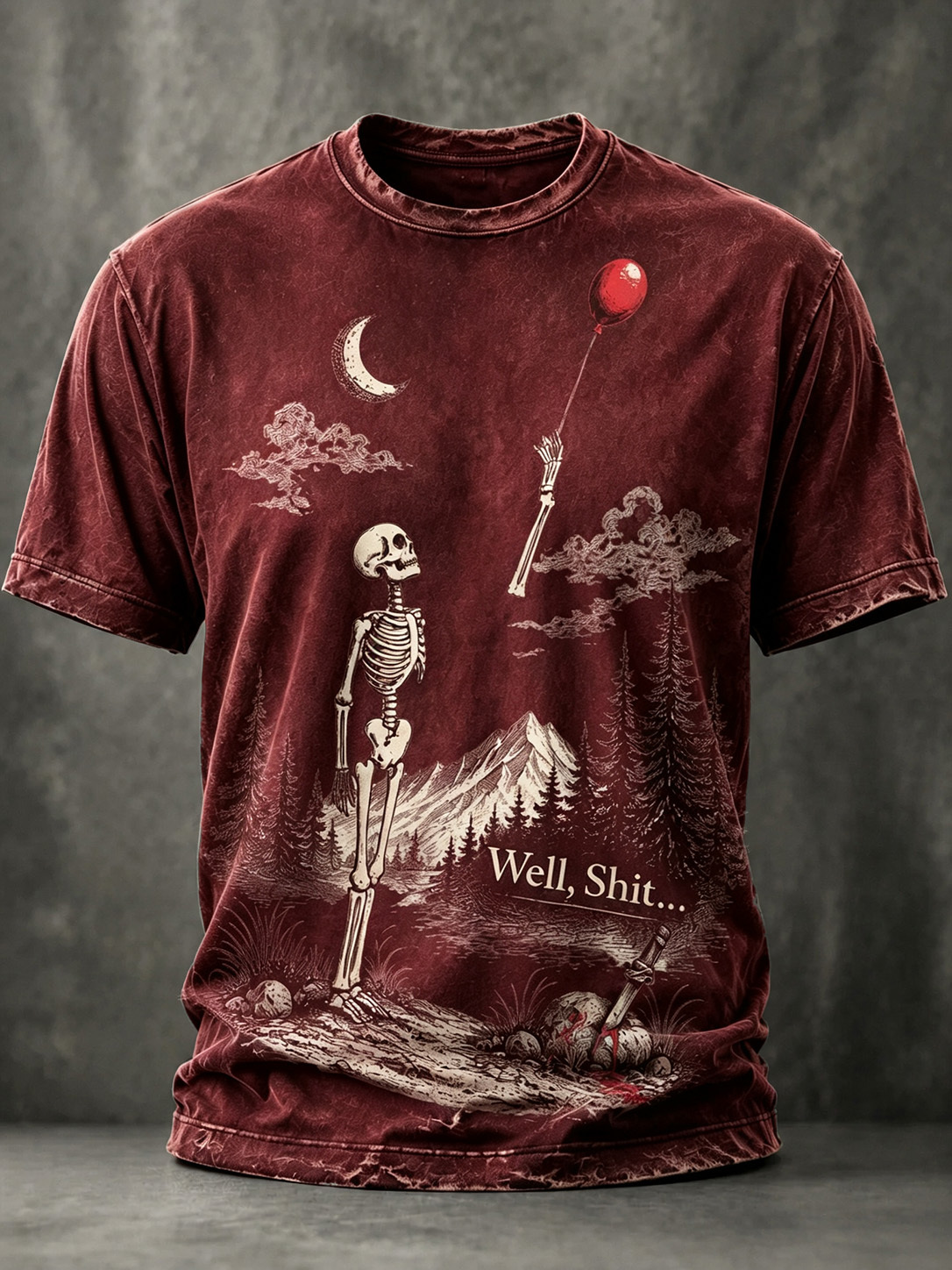 Men's Vintage Funny Skeleton Red Balloon Graphic Print Casual T-shirt