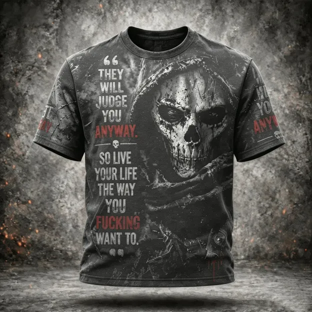 Men's Vintage Distressed Street Style Death Skull Pattern Inspirational Quotes Casual Short-sleeve T-shirt
