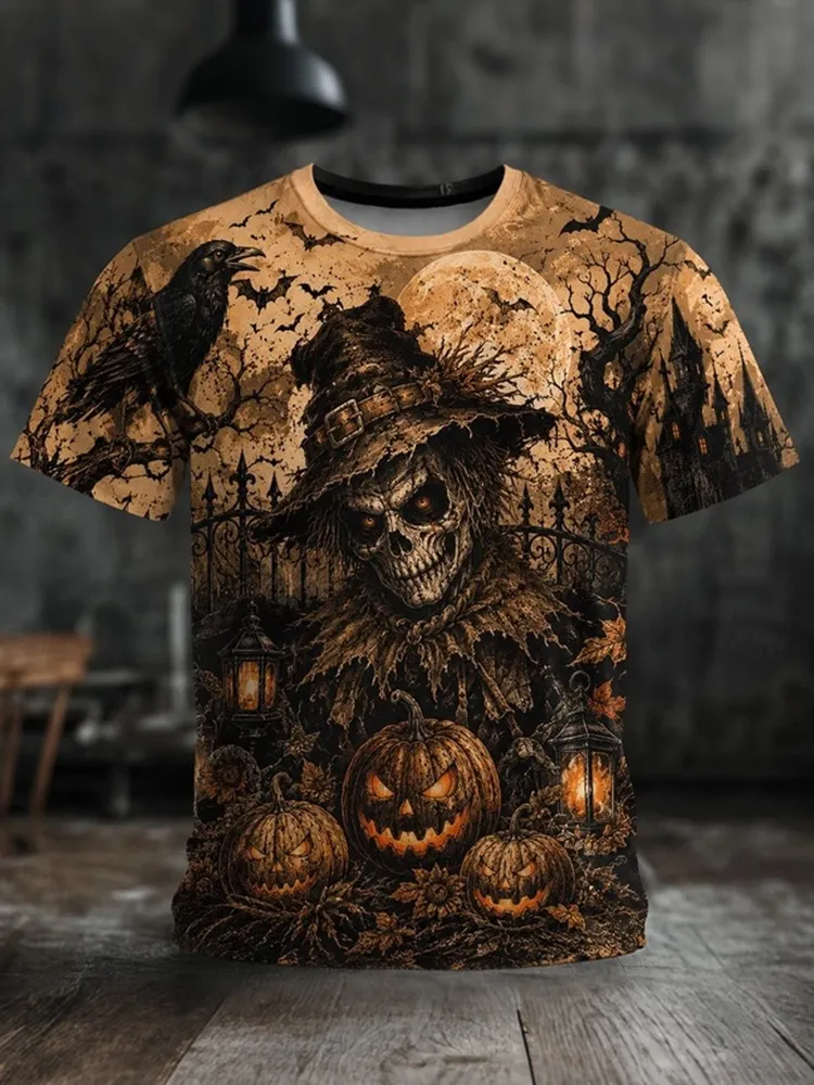 Men's Halloween Scarecrow Skull Pumpkin Crow Print Crew Neck T-shirt