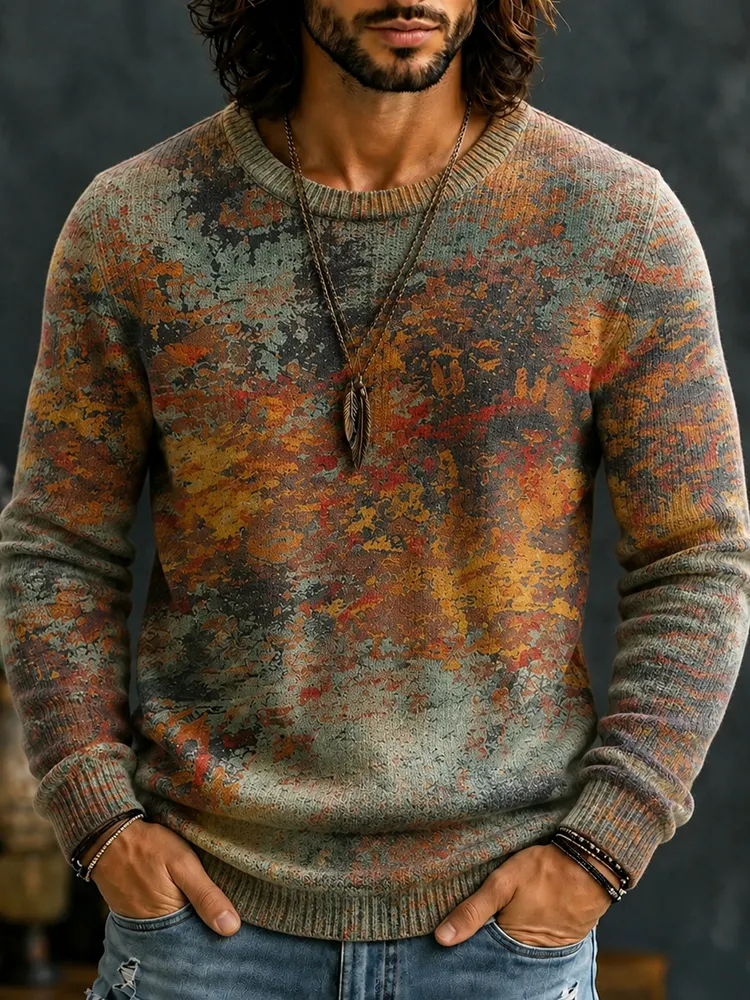 Men's Retro Ethnic Color Block Crew Neck Knit Sweater