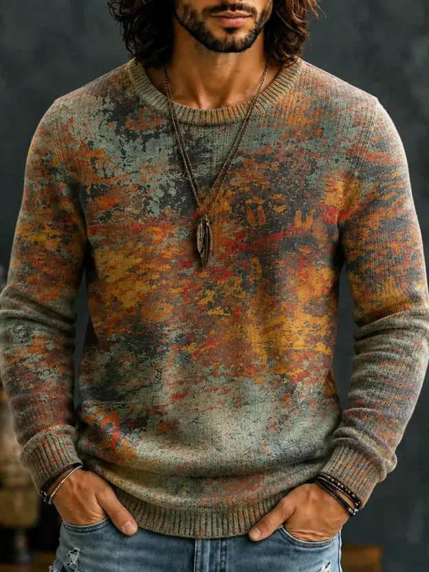 Men's Retro Ethnic Color Block Crew Neck Knit Sweater