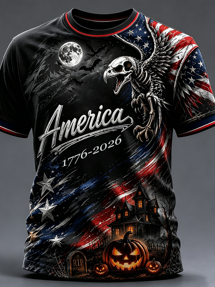 Men's Patriotic Skeleton Eagle And Flag Short Sleeve T-shirt