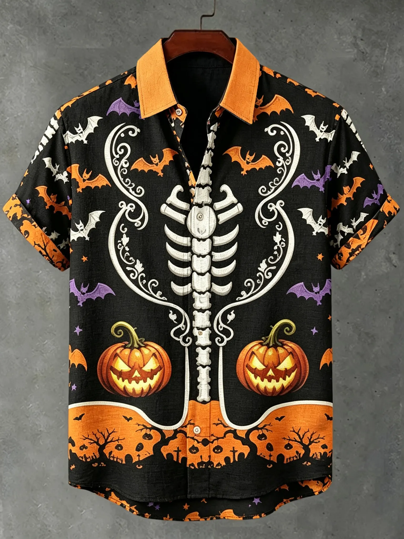 Men's Retro Halloween Theme Gothic Style Printed Linen Blend Short-sleeve Shirt