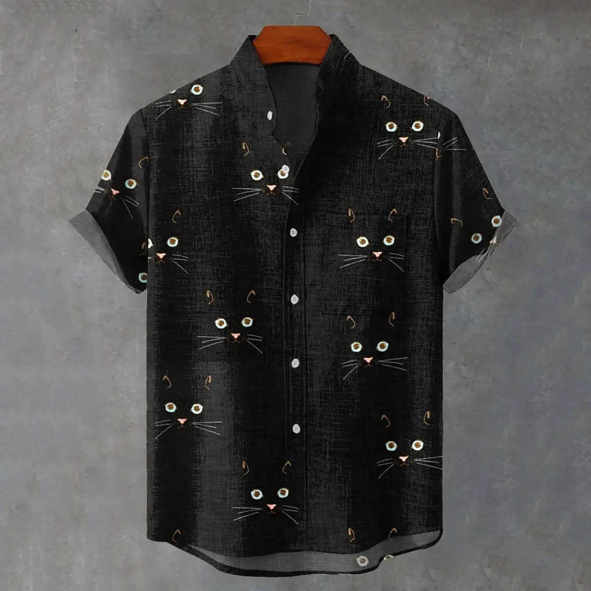 Men's Retro Cat Print Casual Linen Blend Short-sleeve Shirt