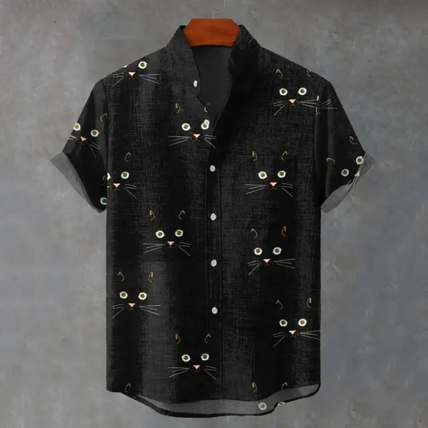 Men's Retro Cat Print Casual Linen Blend Short-sleeve Shirt