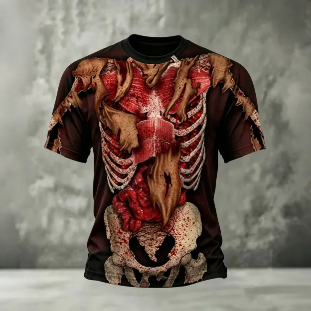 Men's 3d Skull, Muscle, And Internal Organs Print Crew Neck T-shirt