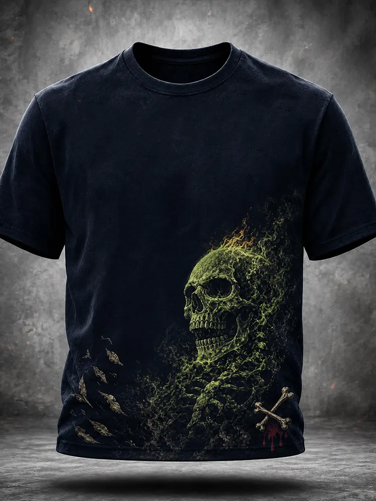 Men's Gothic Graphic T-shirt - Flaming Green Skull And Crossbones Print Casual Tee