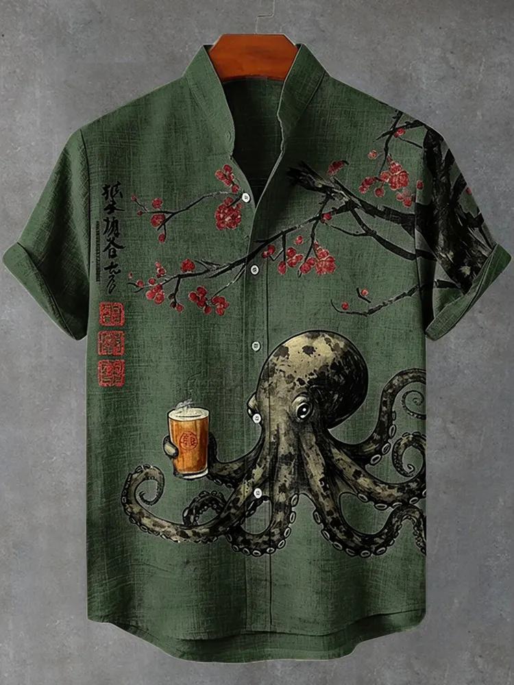Men's Octopus Drinking Tea Under The Cherry Tree Art Print Casual Shirt