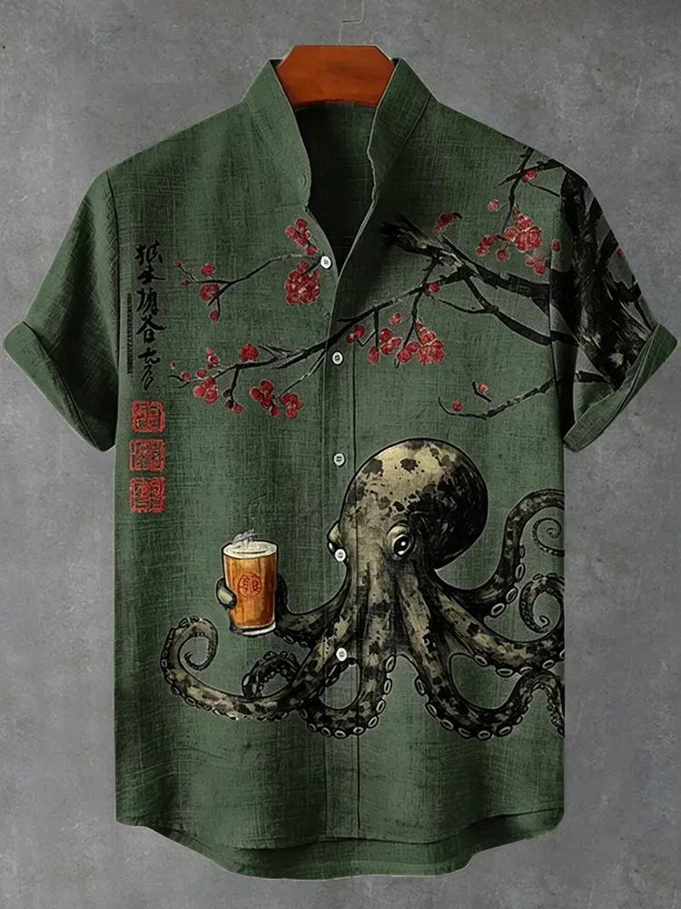 Men's Octopus Drinking Tea Under The Cherry Tree Art Print Casual Shirt