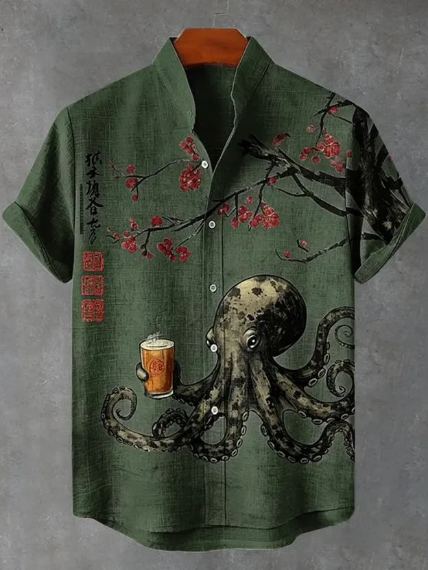 Men's Octopus Drinking Tea Under The Cherry Tree Art Print Casual Shirt