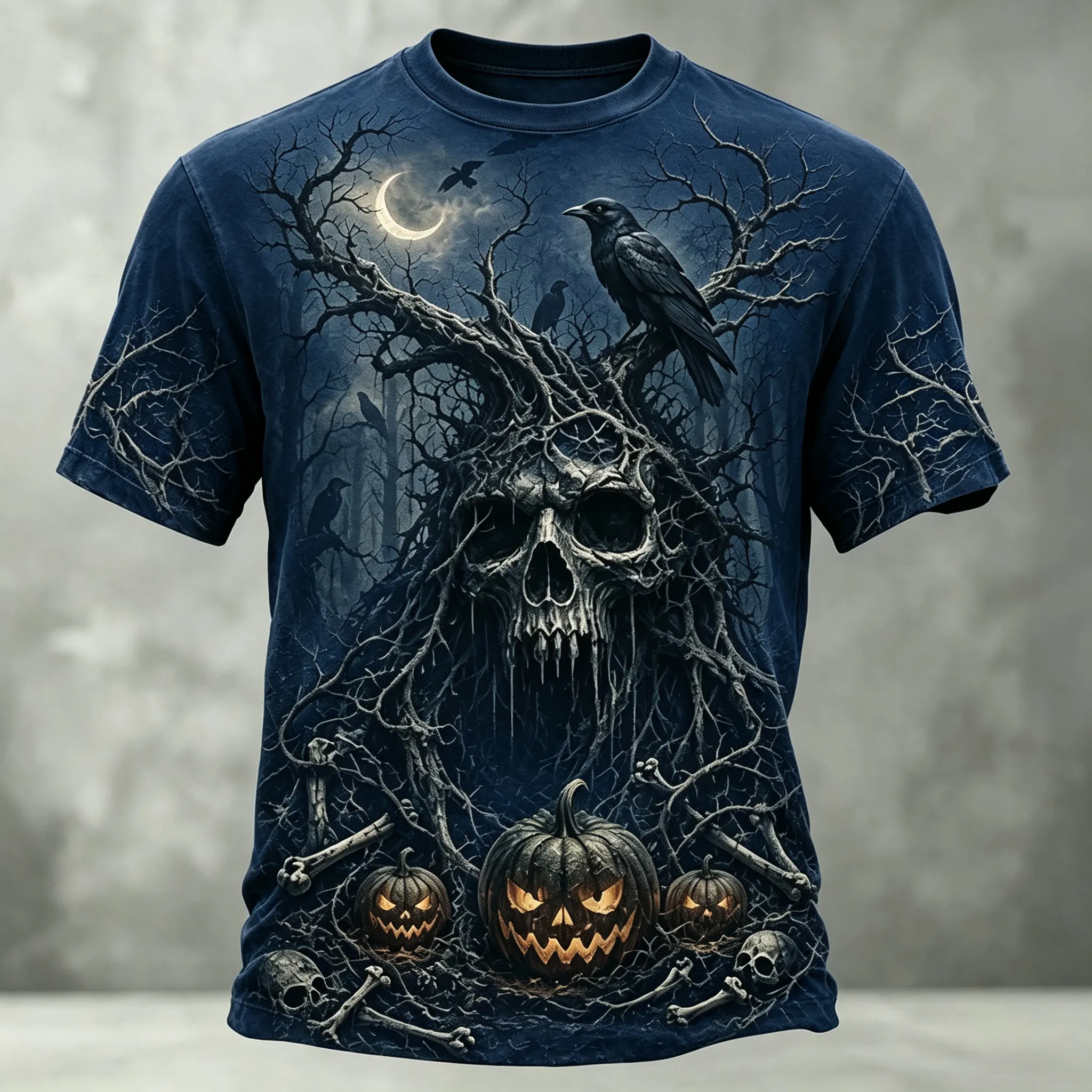 Men's Retro Halloween Skull And Pumpkin Print Casual T-shirt