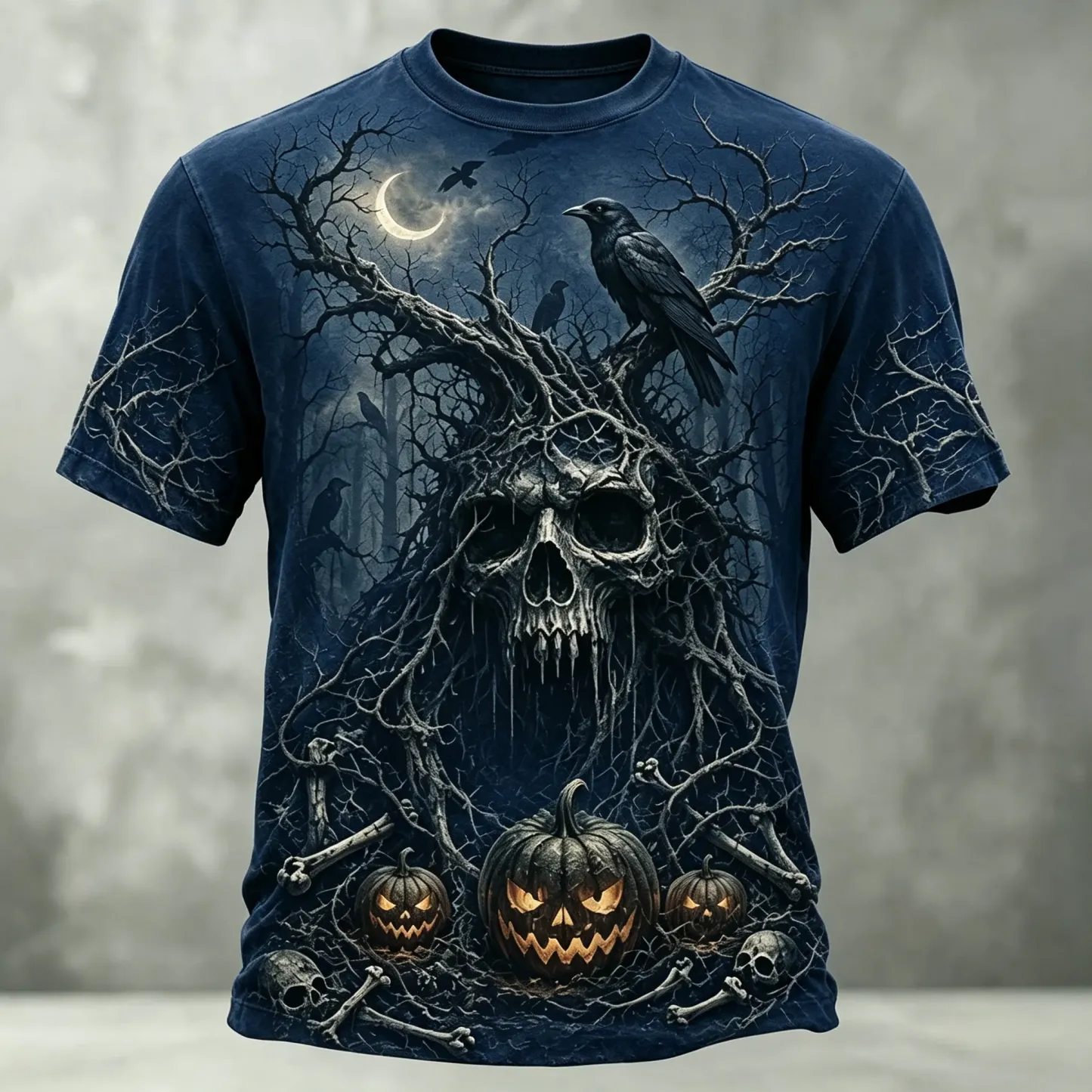 Men's Retro Halloween Skull And Pumpkin Print Casual T-shirt
