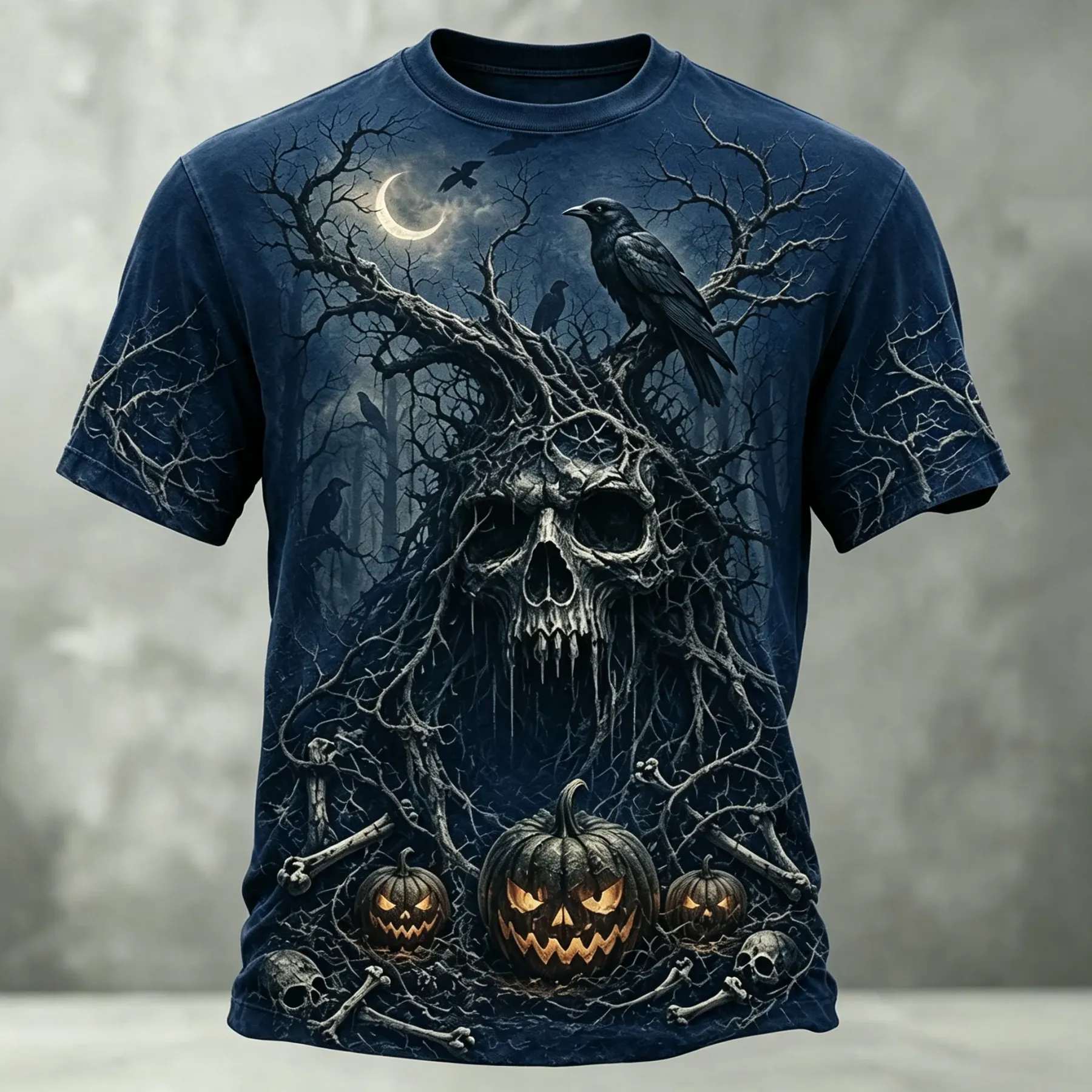 Men's Retro Halloween Skull And Pumpkin Print Casual T-shirt