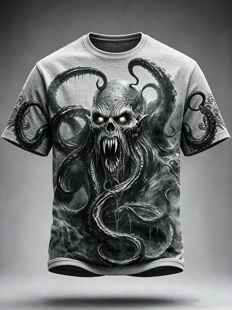 Men's Retro Halloween Octopus Skull Print Short-sleeve T-shirt