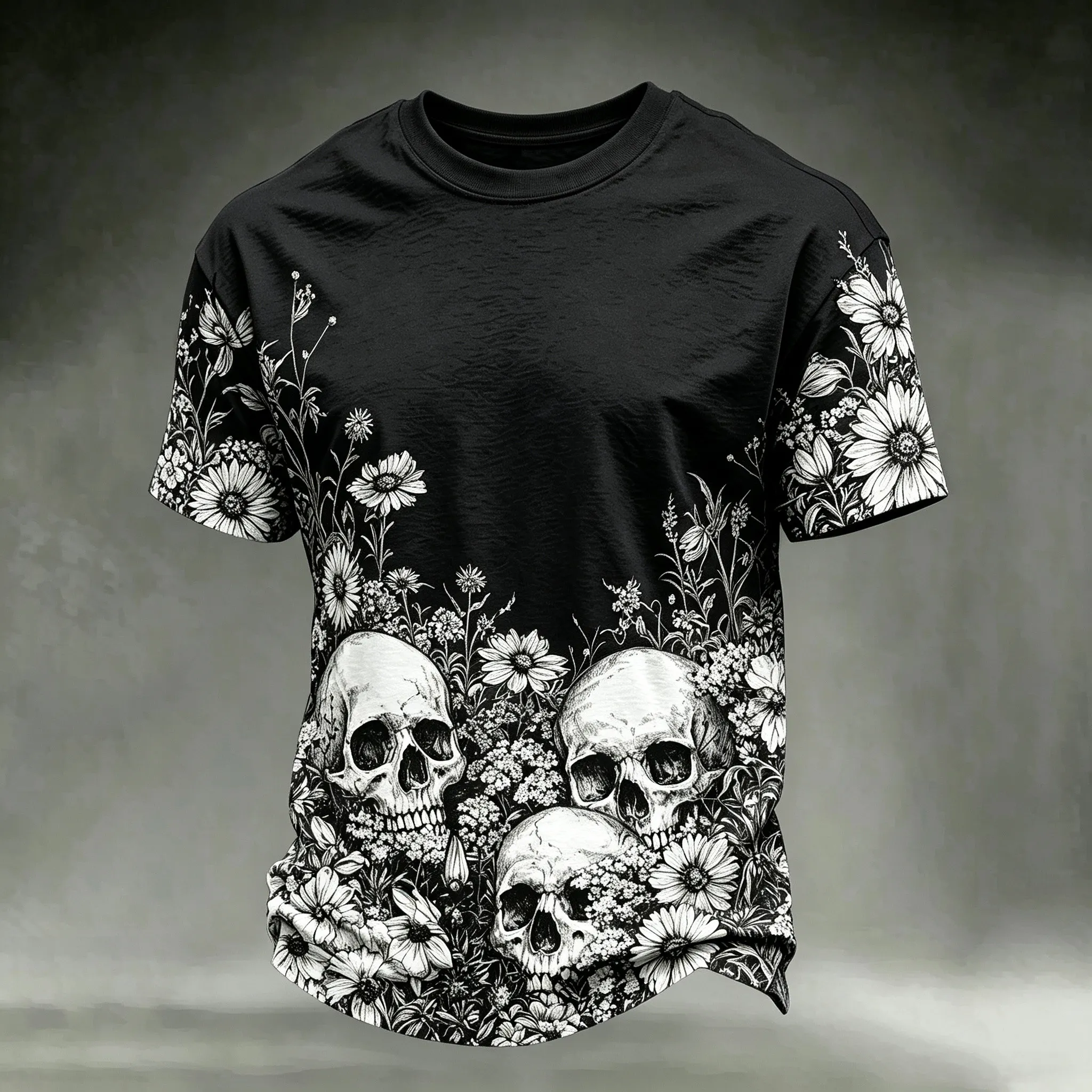 Men's Halloween-themed Skull And Floral Print T-shirt